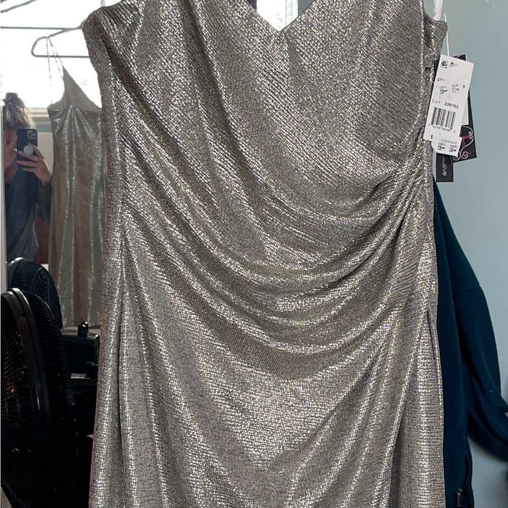 Aqua Silver Metallic Draped Mini Dress